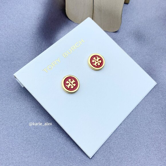 Tory Burch Kira Enamel Stud Earrings in Red (Brand New) - Picture 1 of 5